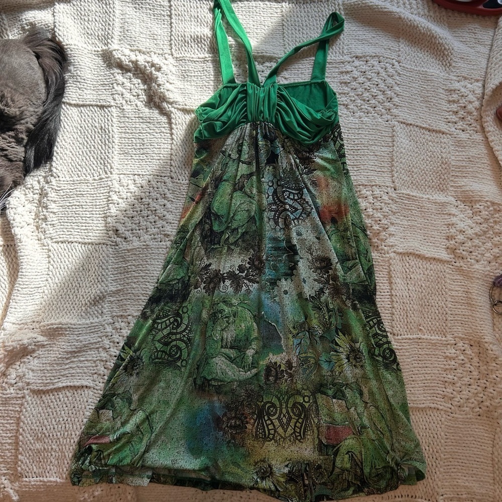 Y2K Young & Joy Green Paisley Halter Midi Dress